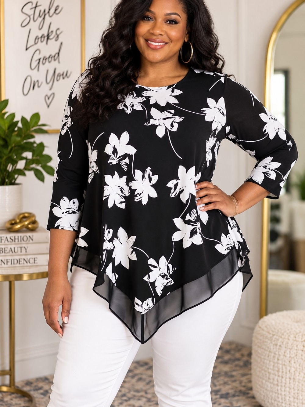 Alfani NWT 2X Black & White Floral Handkerchief Hem Blouse